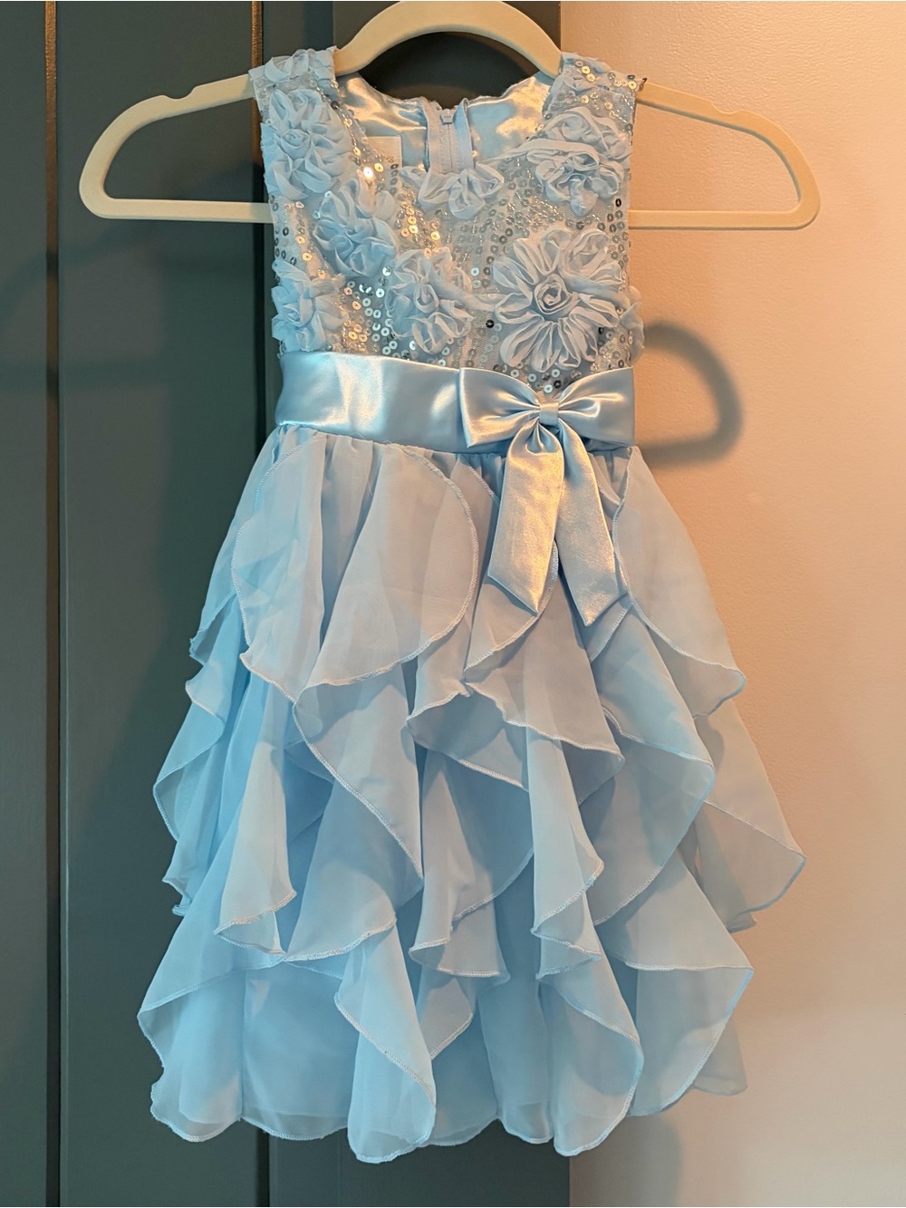 American Princess Light Blue Ruffle Flower Girl Dress with Satin Bow
